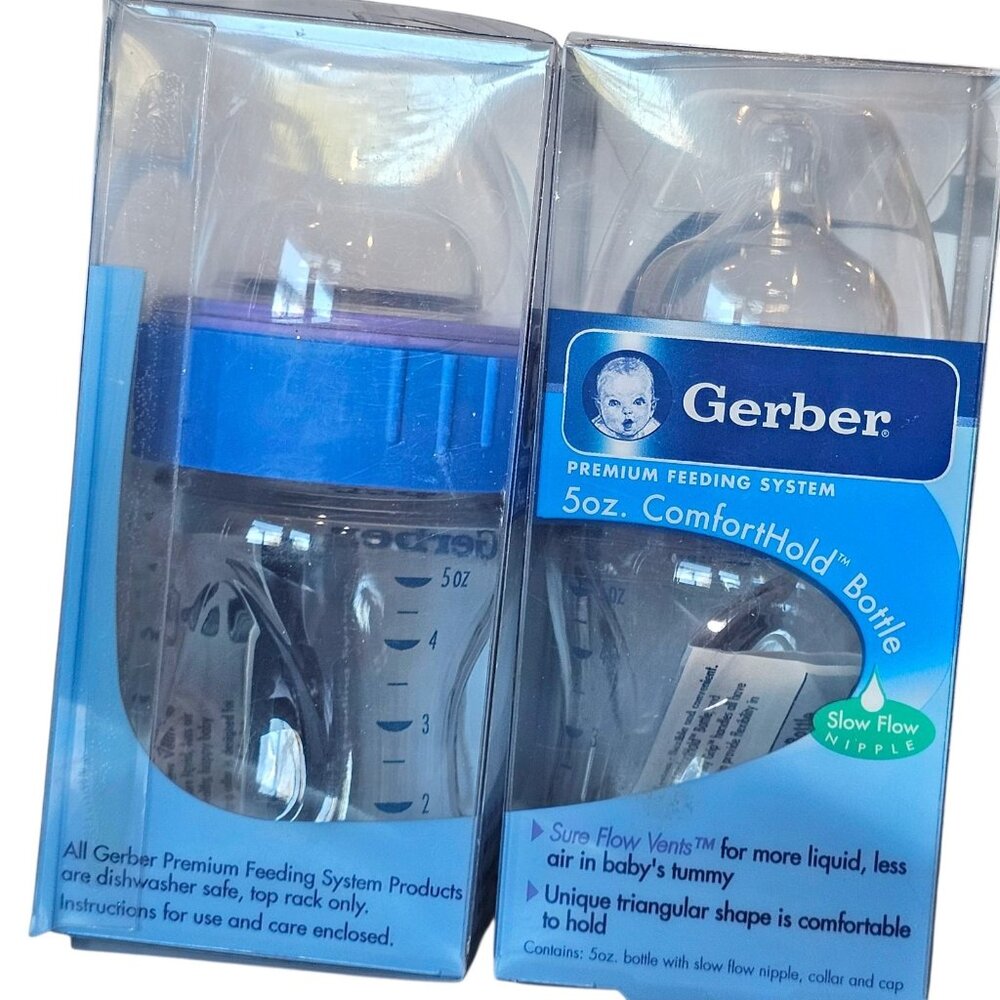 VTG 2004 Gerber‎ ComfortHold 5 oz Baby Bottles Triangular Shape Slow Flow NEW